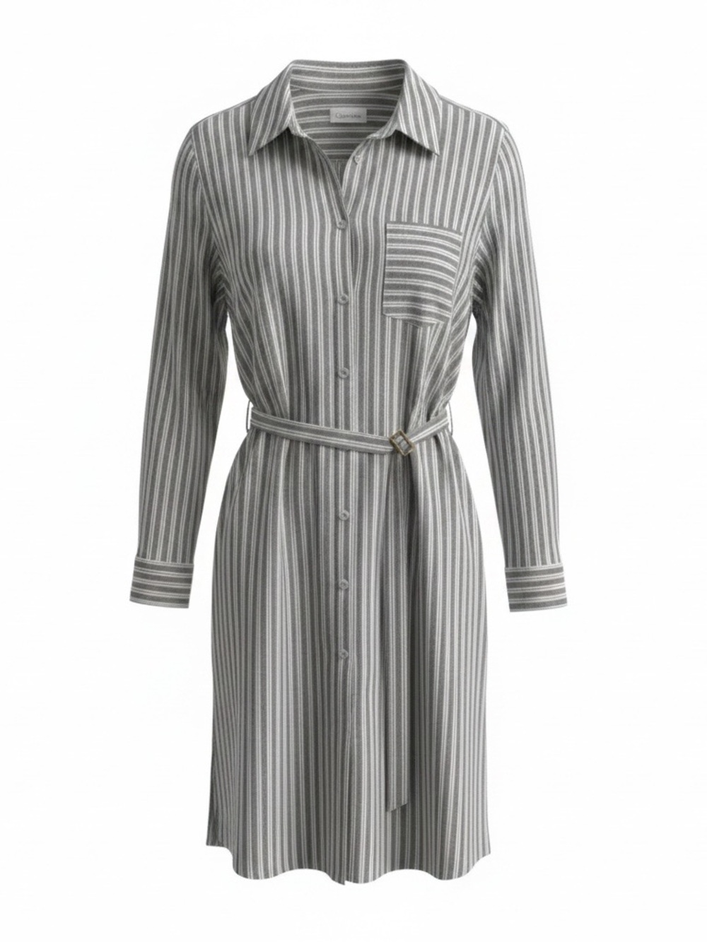 Calvin Klein Striped Belted Shirt Dress Size 14 Gray White Midi